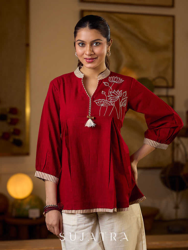 Maroon Cotton Pleated Top Featuring Ajrakh Striped Collar And Hem Accented With Pichwai Hand Painting