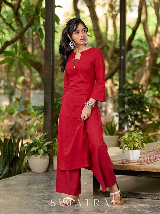 Radiant Maroon Cotton Kurta with Asymmetric Pleated Neckline