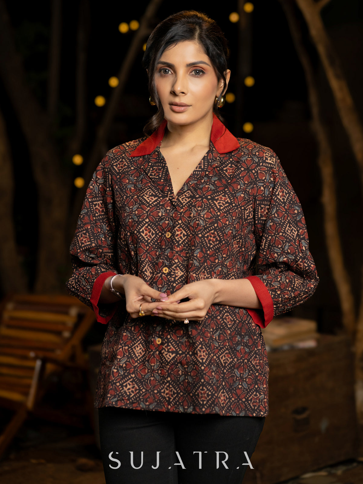 Chic Ajrakh Black Shirt Highlighted with a Rich Maroon Collar