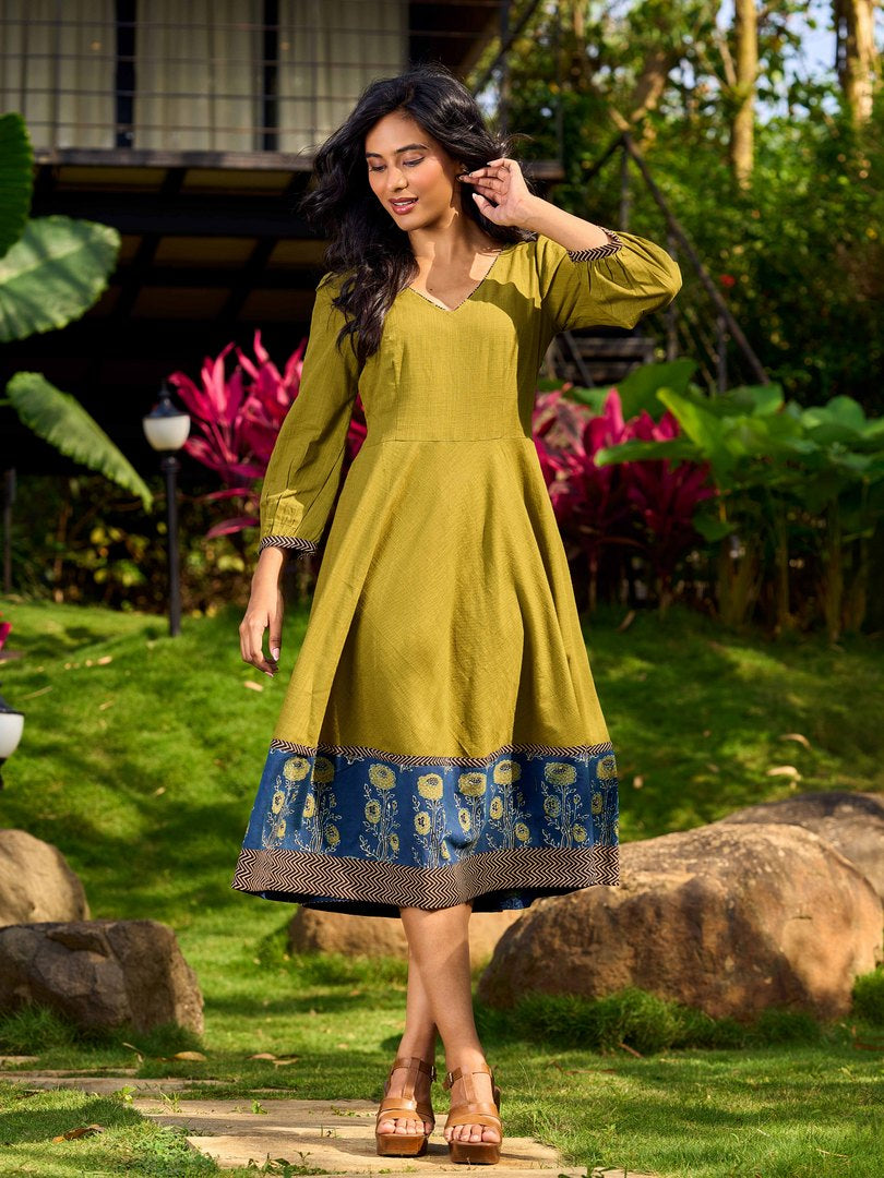 Olive Green Dress with Contrast Ajrakh Handblock Print Border and Puff Sleeves