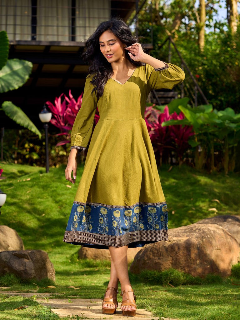 Olive Green Dress with Contrast Ajrakh Handblock Print Border and Puff Sleeves