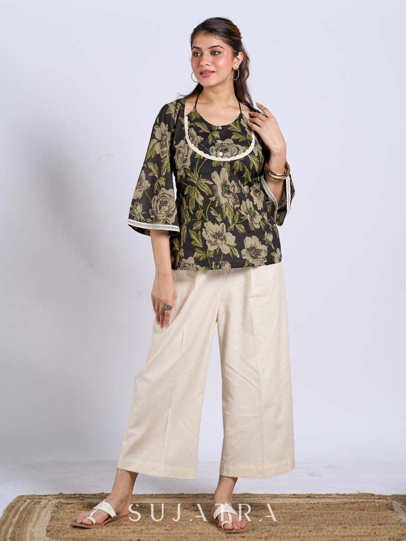 Chic Black Floral Print Cotton Bell Sleeve Top with Tie-Up Neckline & Crochet Lace Trim