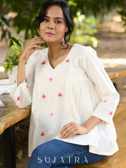 Blissful White Cotton Top with Intricate Hand Embroidery, V Neckline & Side Gathers