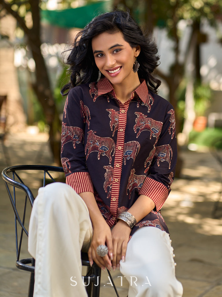 Artisan Black Ajrakh Cotton Shirt with Pichwai Animal Motifs and Highlighted Collar & Cuffs