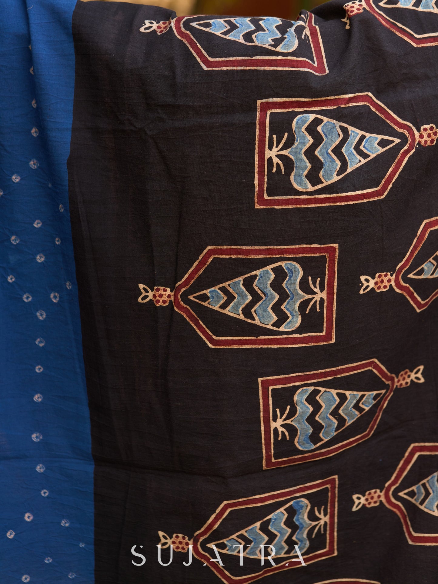 Blue Cotton Saree with Timeless Ajrakh and Bandhani Patterns