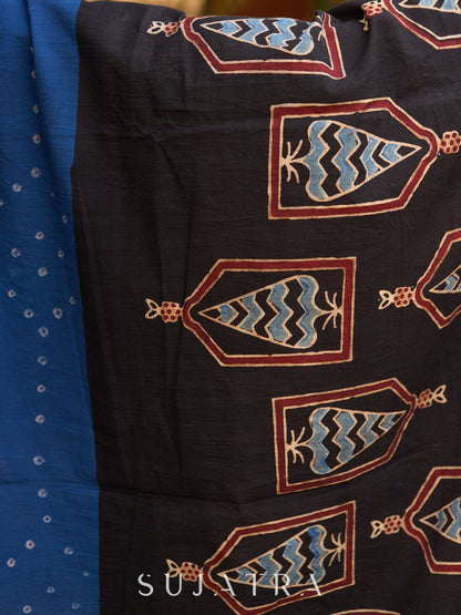 Blue Cotton Saree with Timeless Ajrakh and Bandhani Patterns