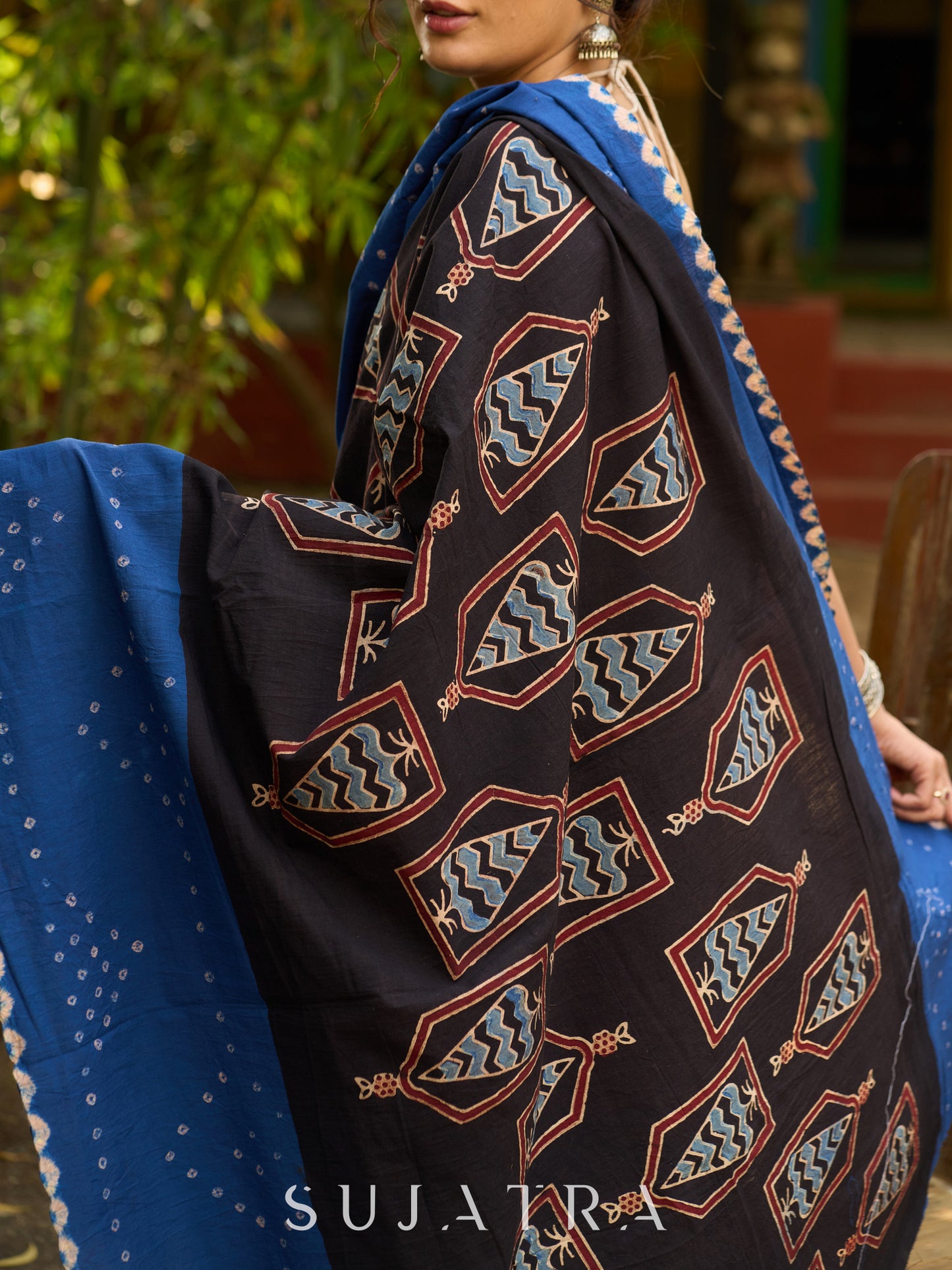 Blue Cotton Saree with Timeless Ajrakh and Bandhani Patterns