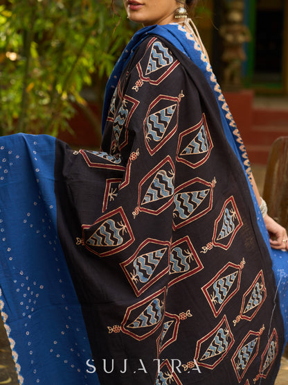 Blue Cotton Saree with Timeless Ajrakh and Bandhani Patterns