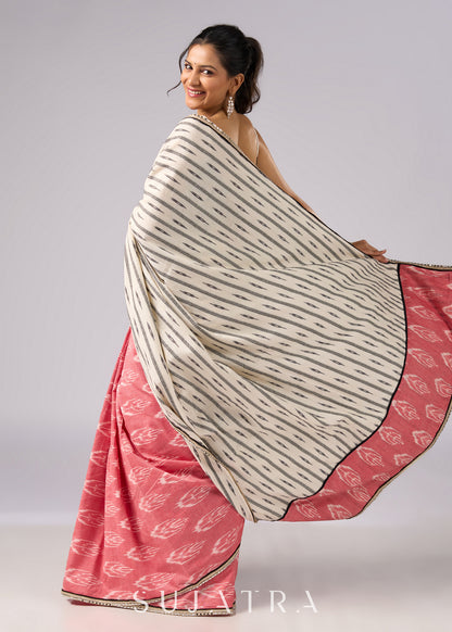 Classy white & pink Ikat combination cotton saree with zari highlights