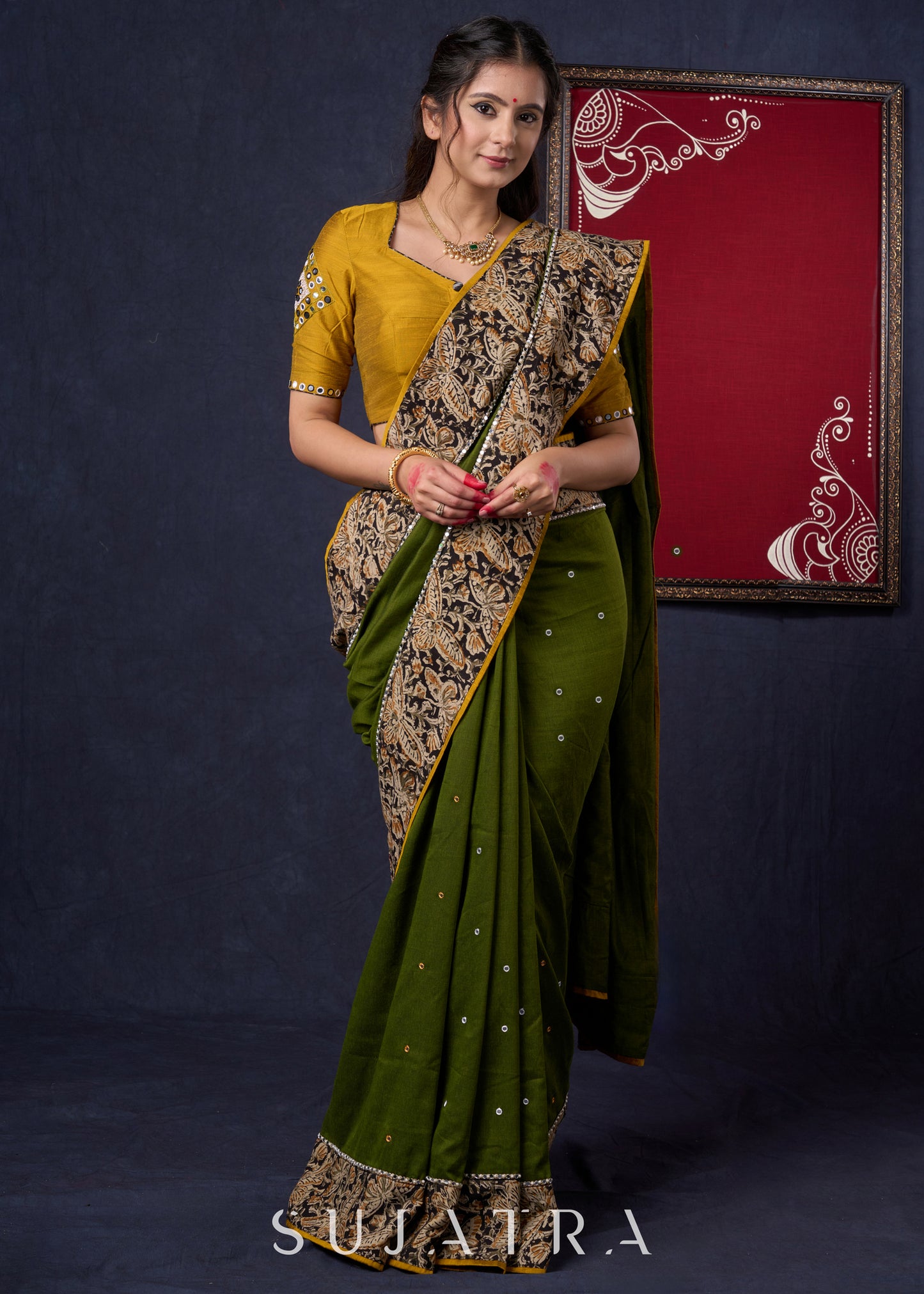Regal Moss Green Cotton Saree with Kalamkari Border Highlighted with Abla work & Zari
