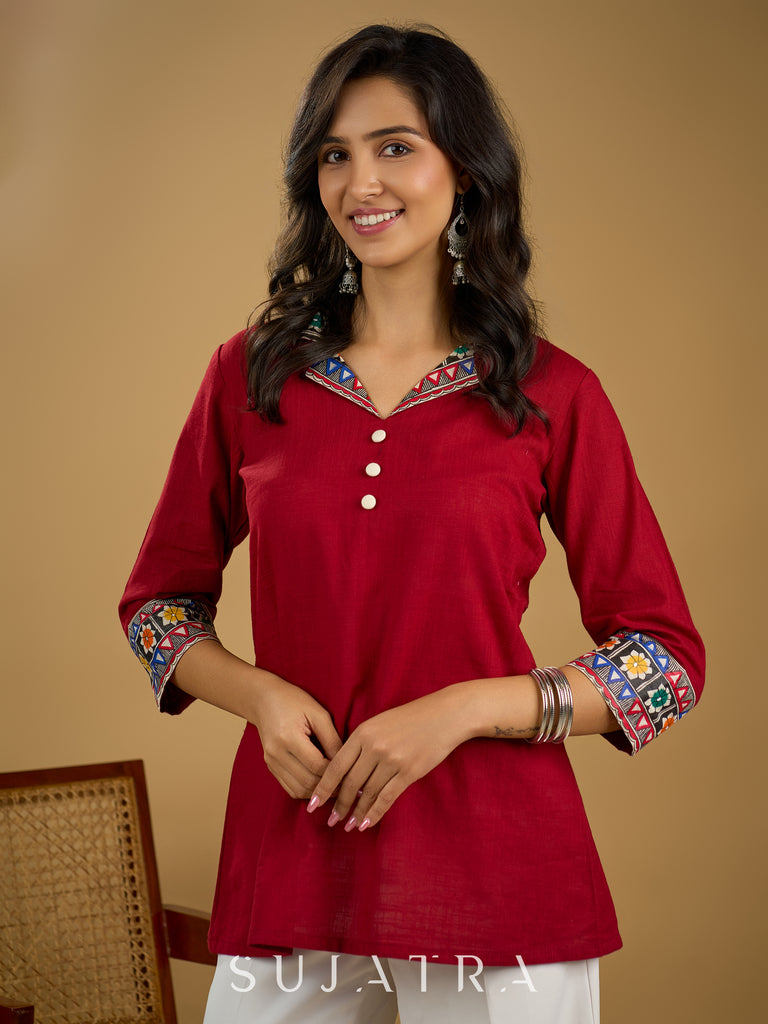 Cotton lapel collar top with stunning Madhubani hand-painted detail