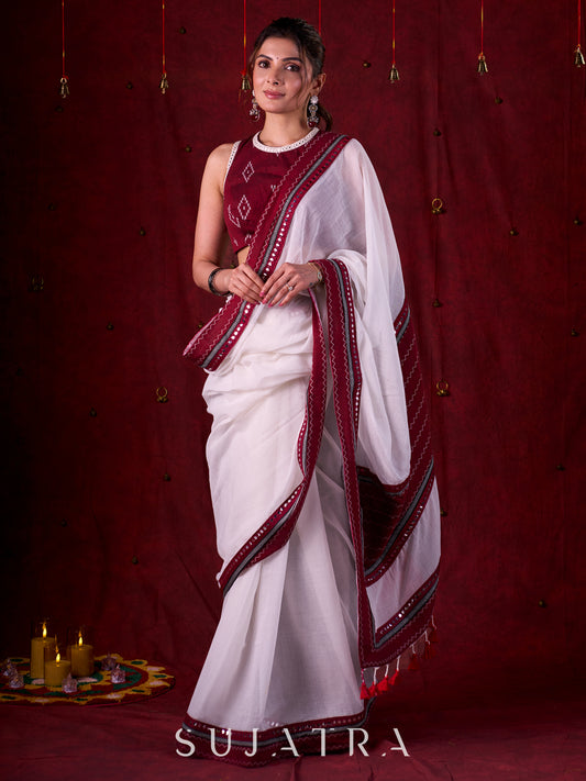 Graceful White Mul Cotton Saree with Ikat-Jamdani Border & Sparkling Mirror Lace Detailing