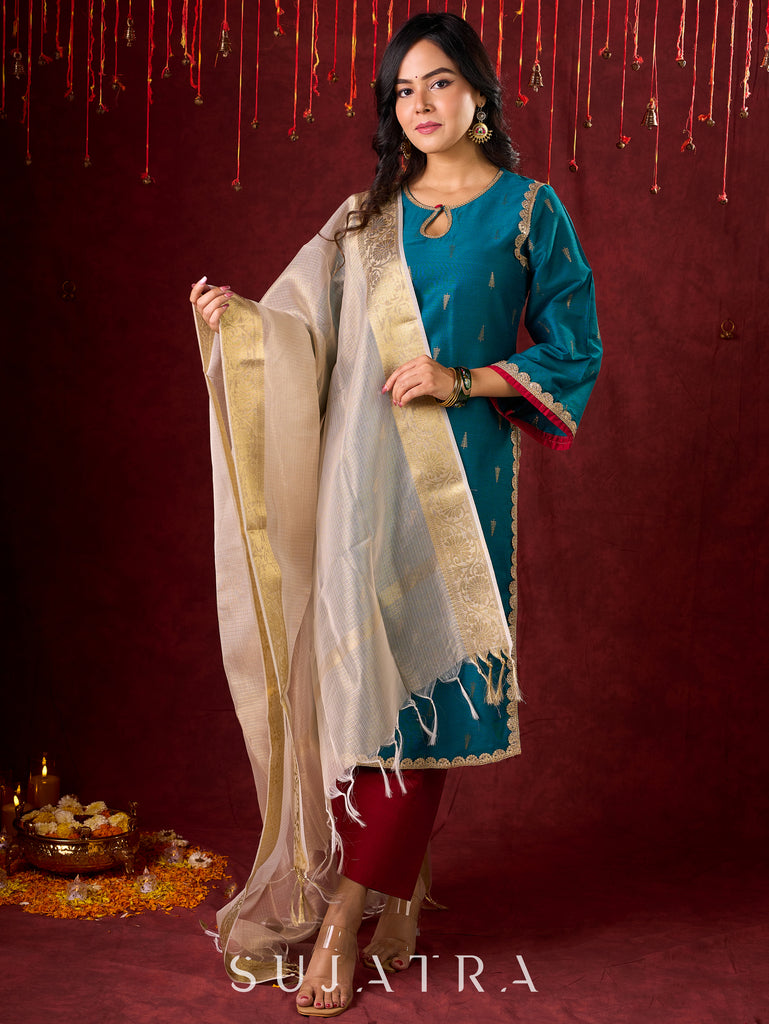 Radiant Teal Silk Kurta with Golden Self-Butta Design