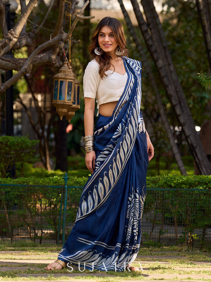 Artisan Blue Tussar Silk Saree with Bold Prints