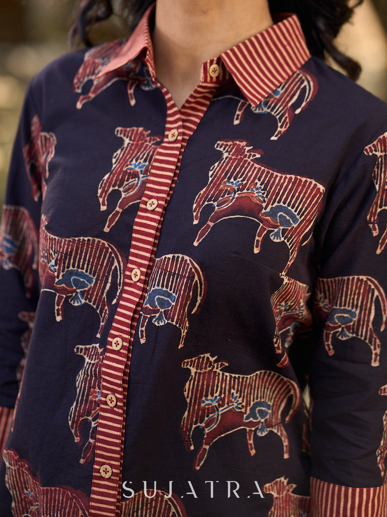 Artisan Black Ajrakh Cotton Shirt with Pichwai Animal Motifs and Highlighted Collar & Cuffs