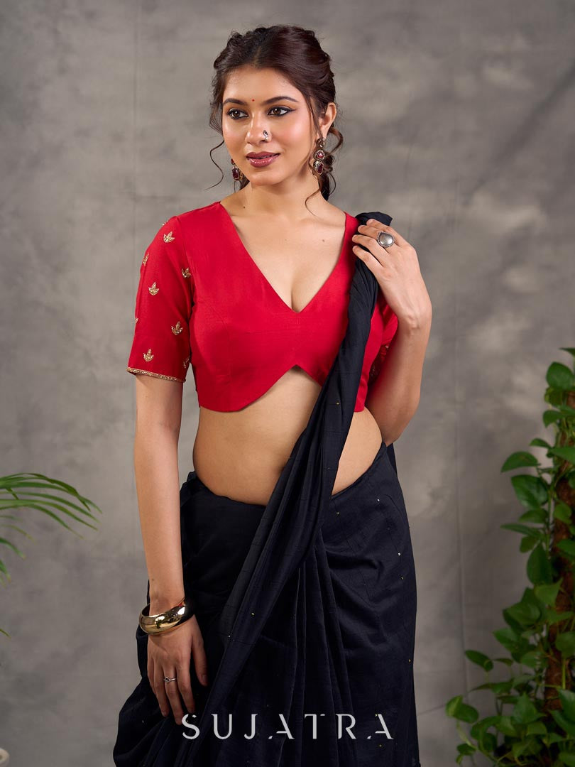 Red Cotton Silk Blouse with Gold Zari Embroidery & Deep V Neckline
