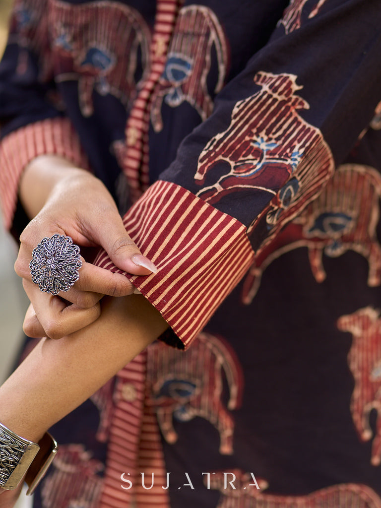 Artisan Black Ajrakh Cotton Shirt with Pichwai Animal Motifs and Highlighted Collar & Cuffs