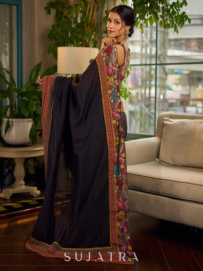 Elegant Black Cotton Saree with Ajrakh Print & Kalamkari Painted Border
