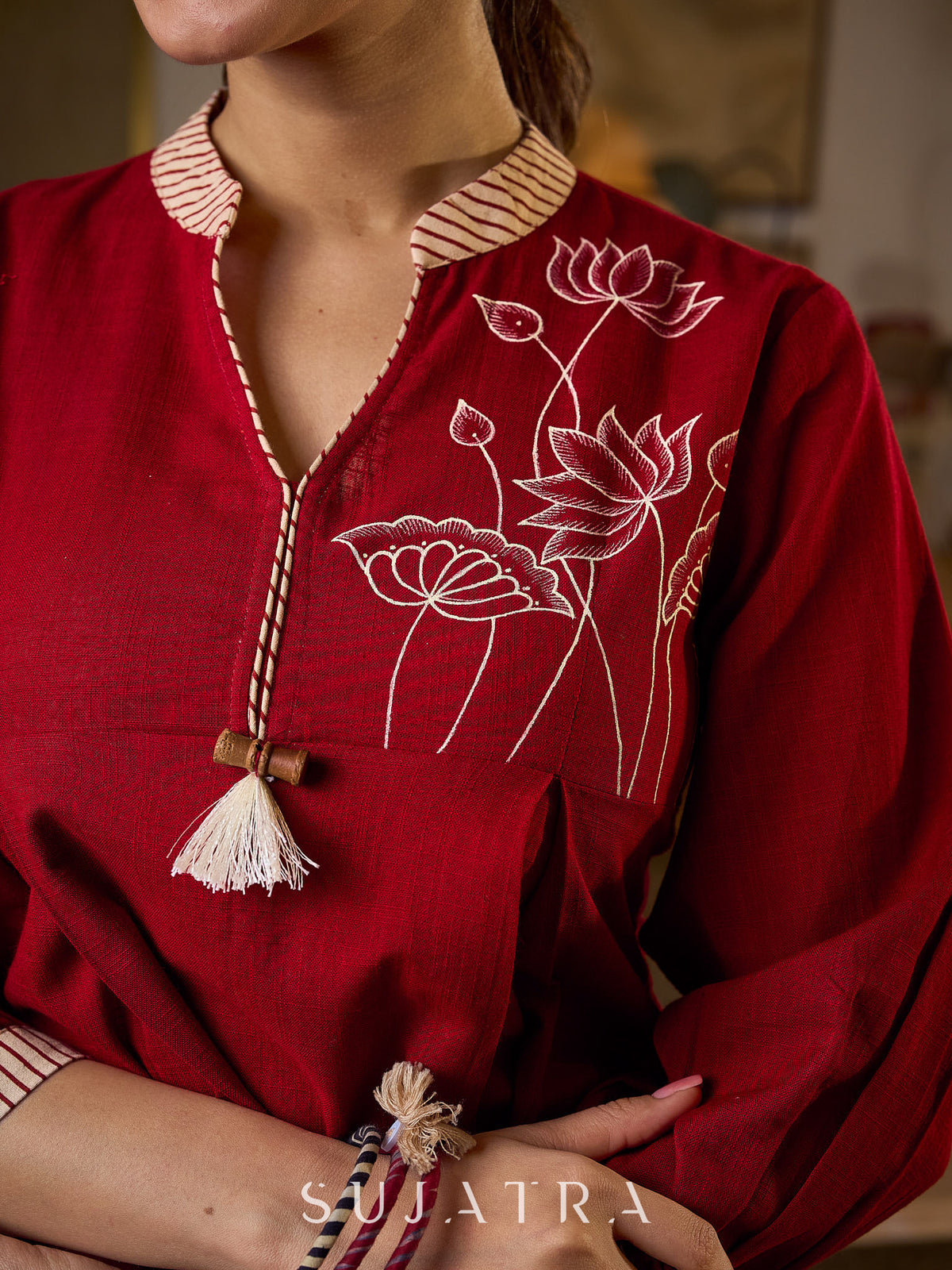 Maroon Cotton Pleated Top Featuring Ajrakh Striped Collar And Hem Accented With Pichwai Hand Painting - Pant Optional