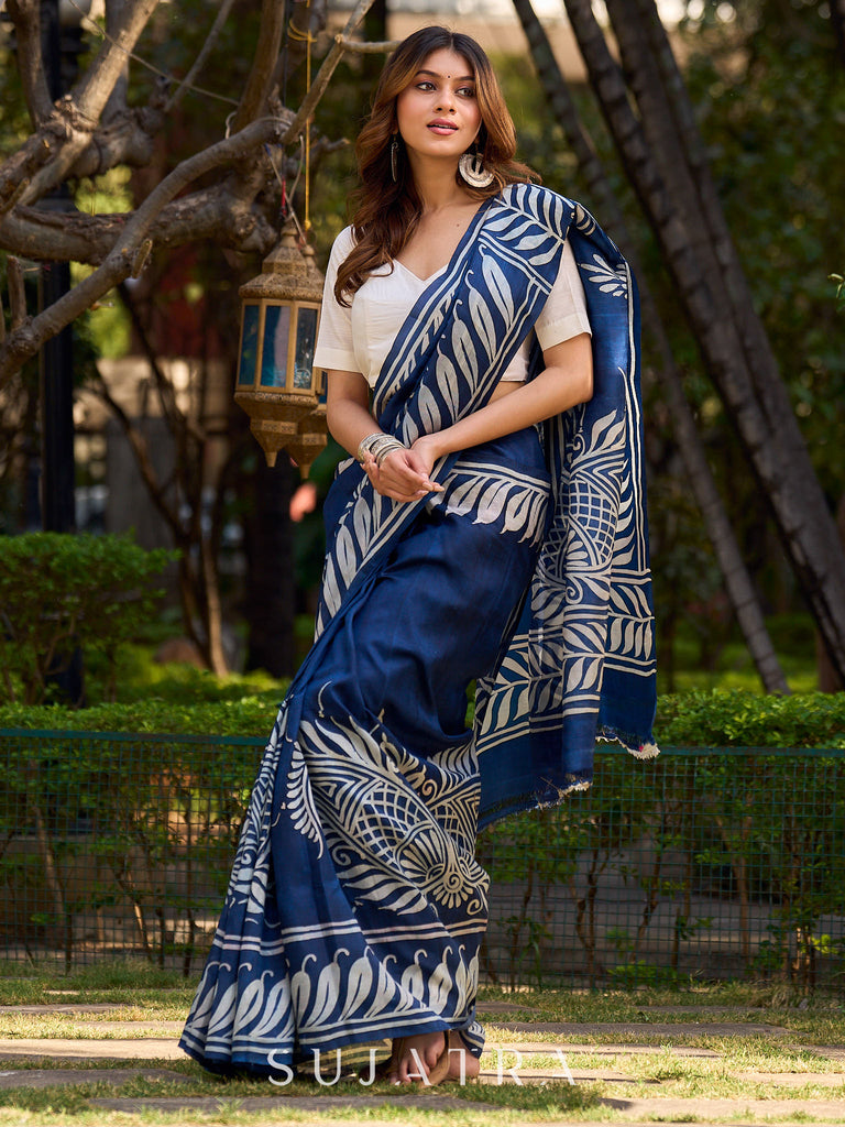 Artisan Blue Pure Silk Saree featuring Bold Hand Batik Work