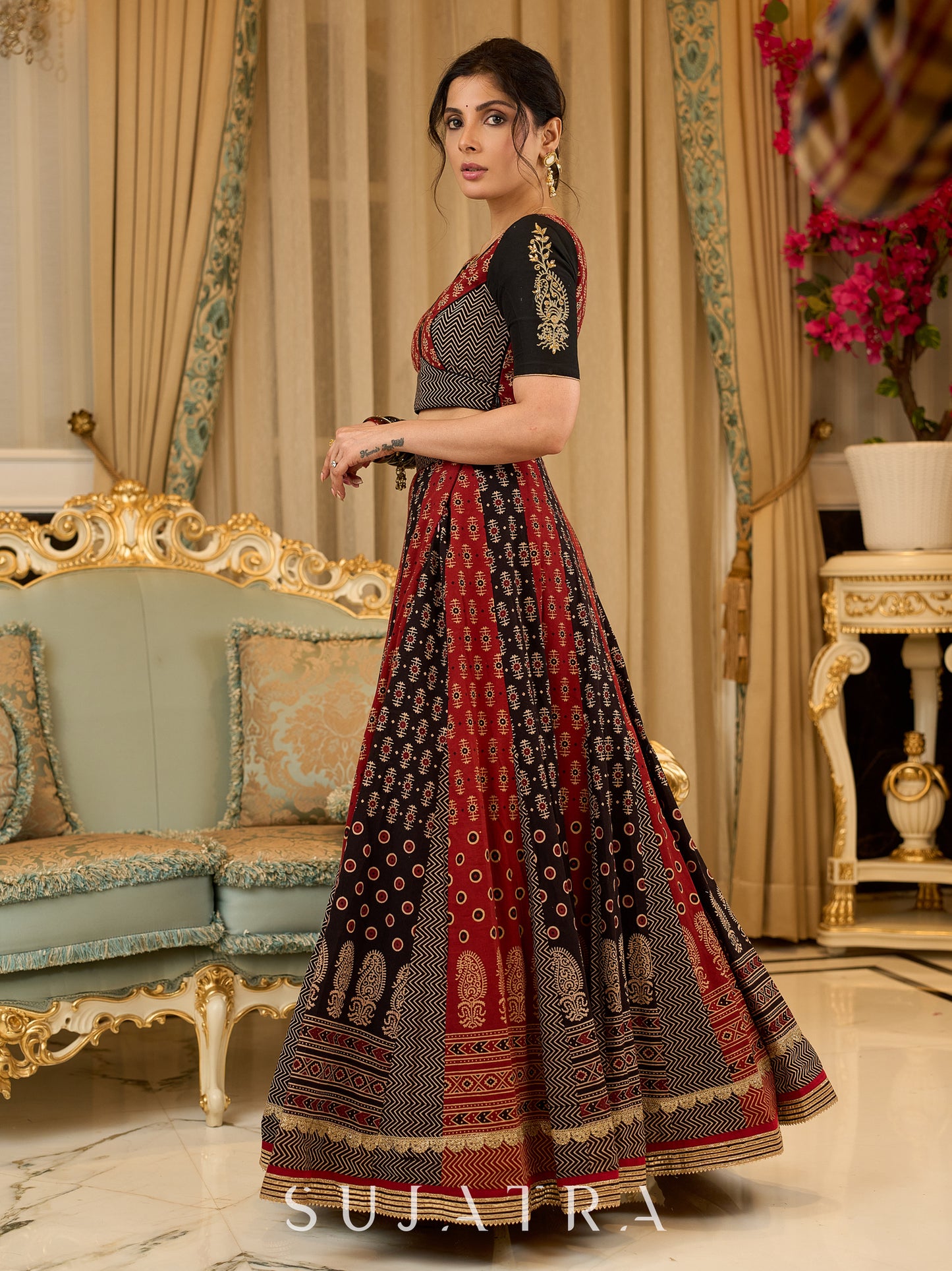 Handcrafted maroon & black Ajrakh print lehenga paired with an embroidered blouse for rich artisanal look - Dupatta Optional