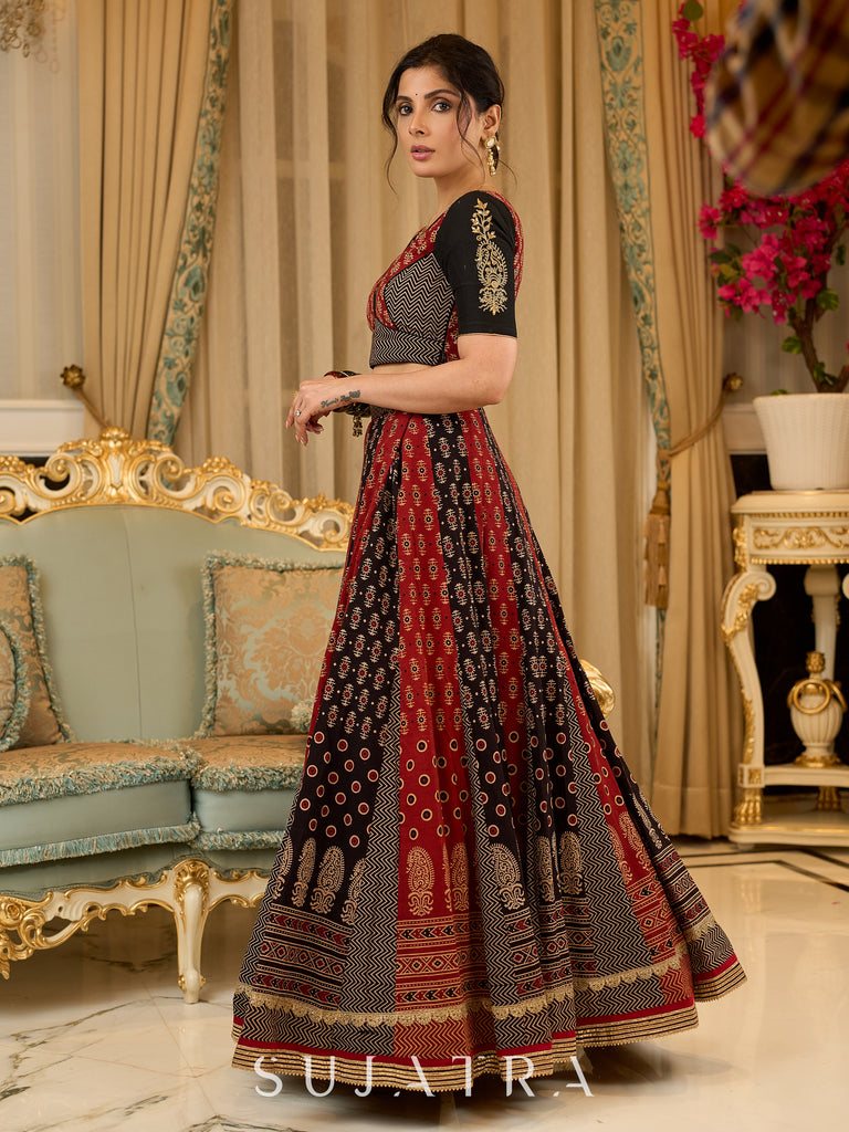 Handcrafted maroon & black Ajrakh print lehenga paired with an embroidered blouse for rich artisanal look - Dupatta Optional
