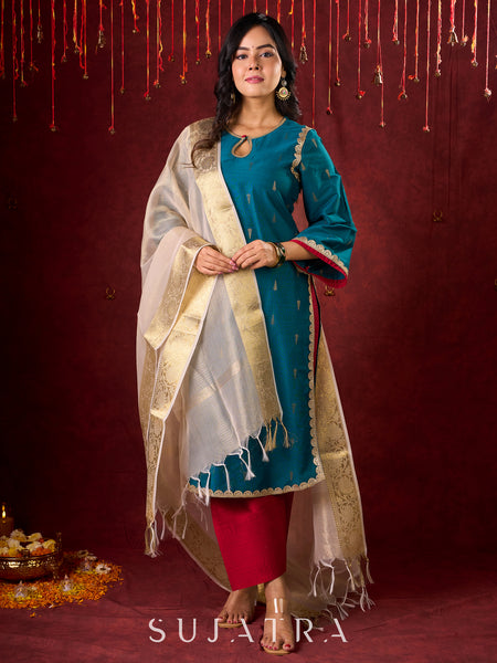 Radiant Teal Silk Kurta with Golden Self-Butta Design