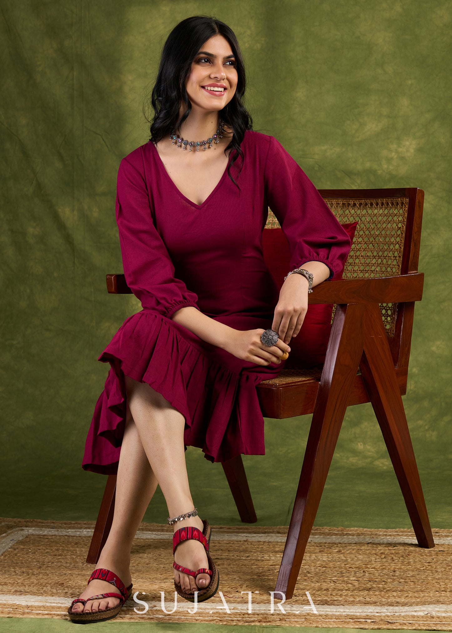 Wine Frill Dress. Elegant Wine Cotton Dress With Ruffled Hem Detailing