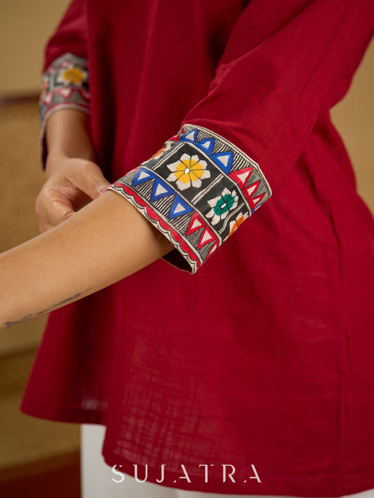Cotton lapel collar top with stunning Madhubani hand-painted detail