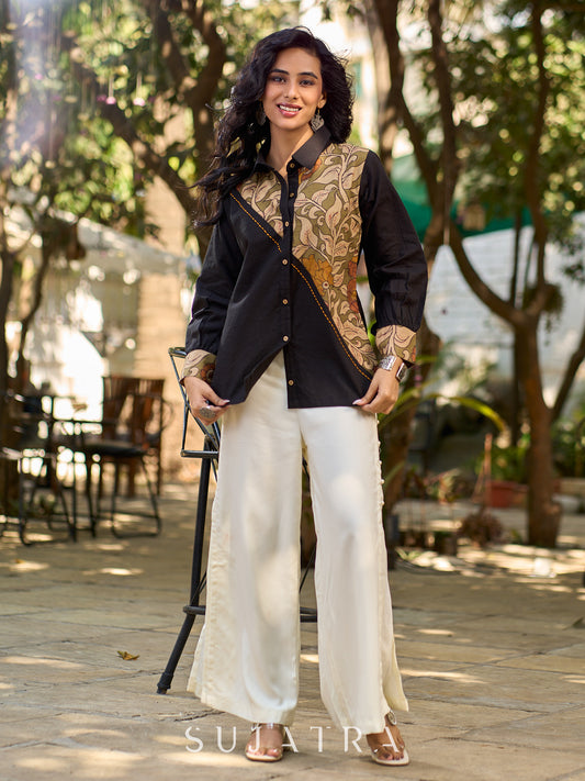 Charcoal Black Cotton Shirt with Asymmetrical Kalamkari Floral Panel