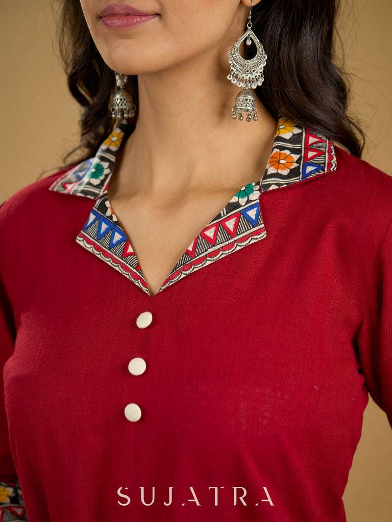 Cotton lapel collar top with stunning Madhubani hand-painted detail