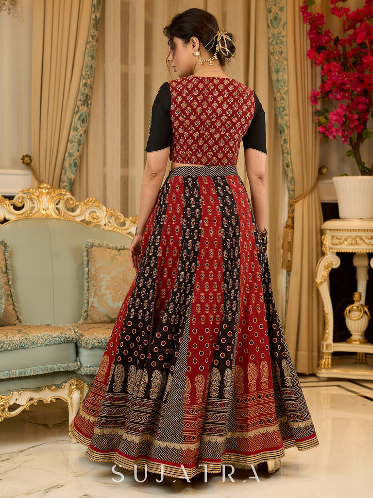Handcrafted maroon & black Ajrakh print lehenga paired with an embroidered blouse for rich artisanal look - Dupatta Optional
