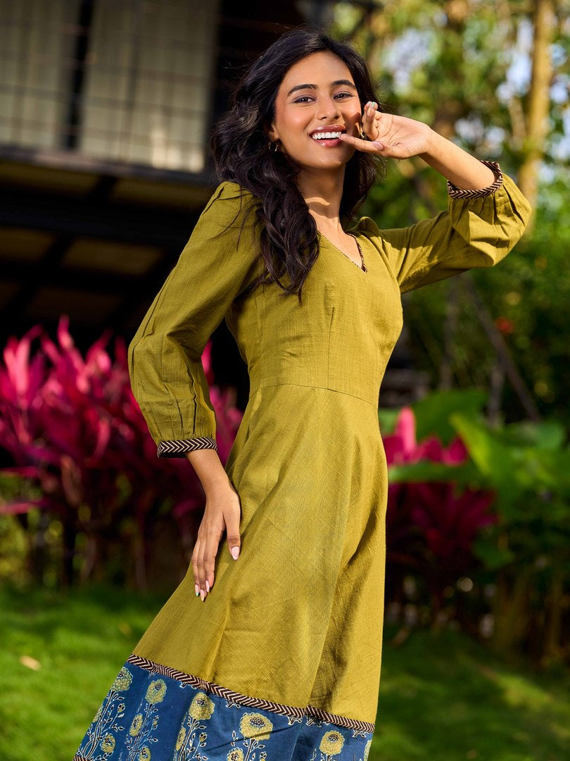 Olive Green Dress with Contrast Ajrakh Handblock Print Border and Puff Sleeves