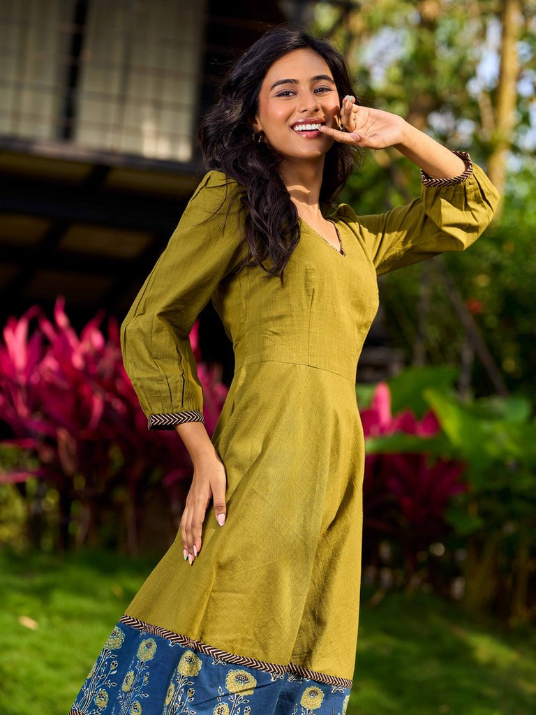 Olive Green Dress with Contrast Ajrakh Handblock Print Border and Puff Sleeves