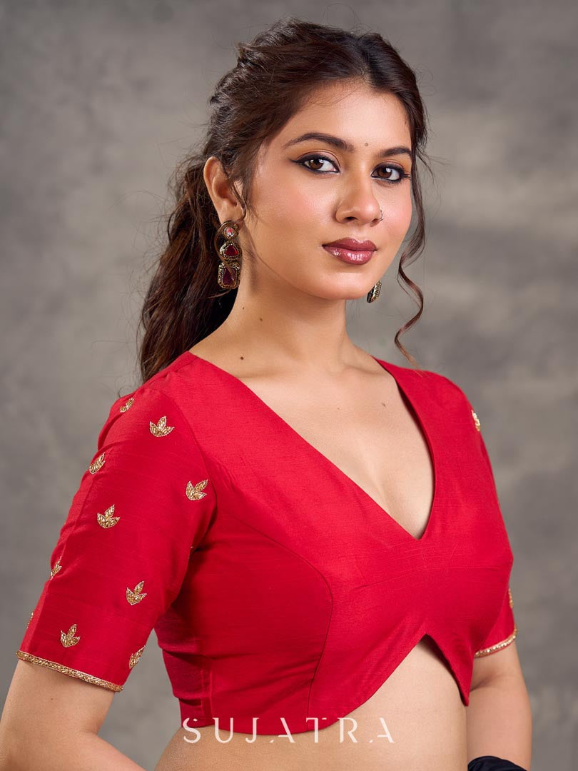 Red Cotton Silk Blouse with Gold Zari Embroidery & Deep V Neckline