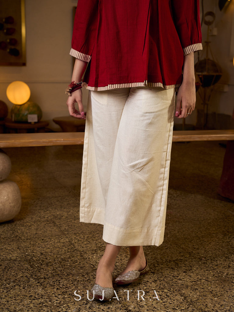 Maroon Cotton Pleated Top Featuring Ajrakh Striped Collar And Hem Accented With Pichwai Hand Painting