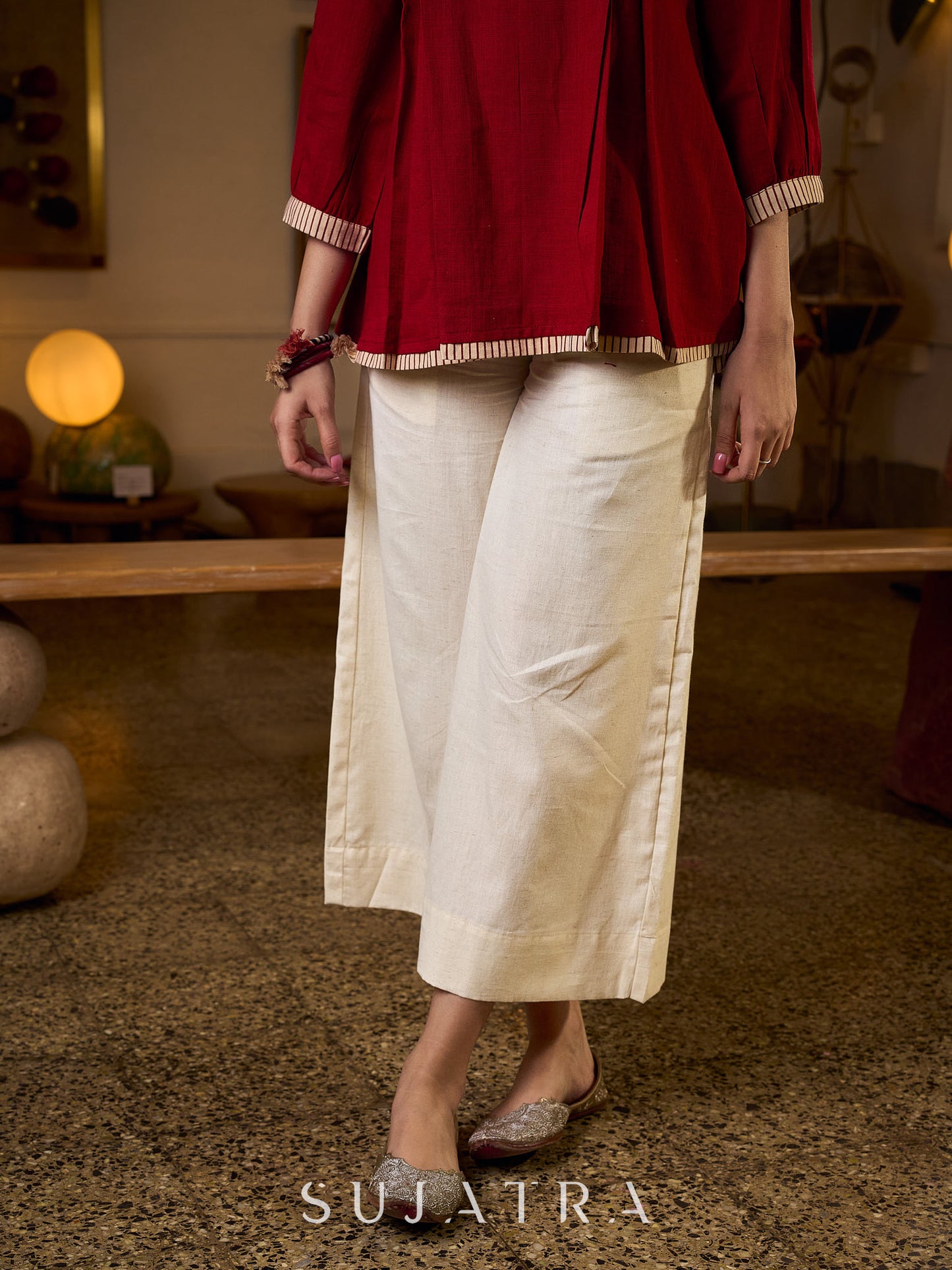Off White Cotton Flex Culottes