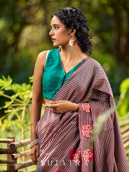 Contemporary Teal and Pink Striped Cotton Saree with Dual-Tone Effect and Hand Block Print Motifs