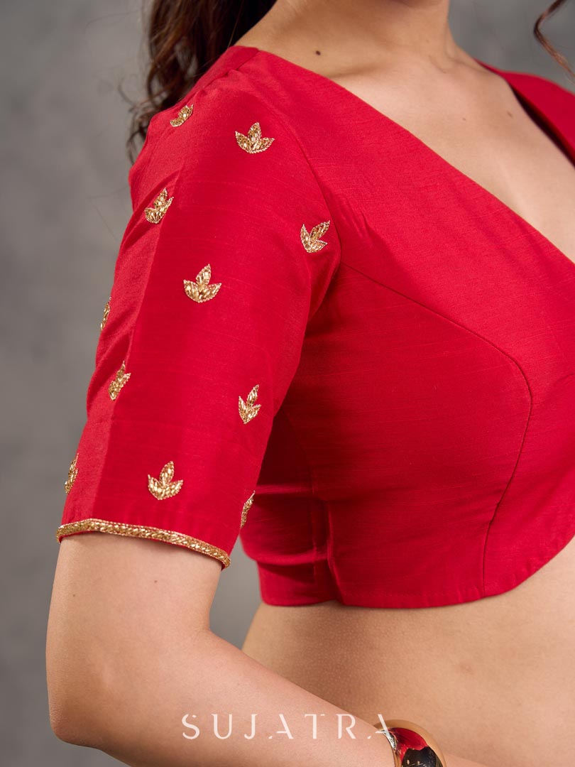 Red Cotton Silk Blouse with Gold Zari Embroidery & Deep V Neckline