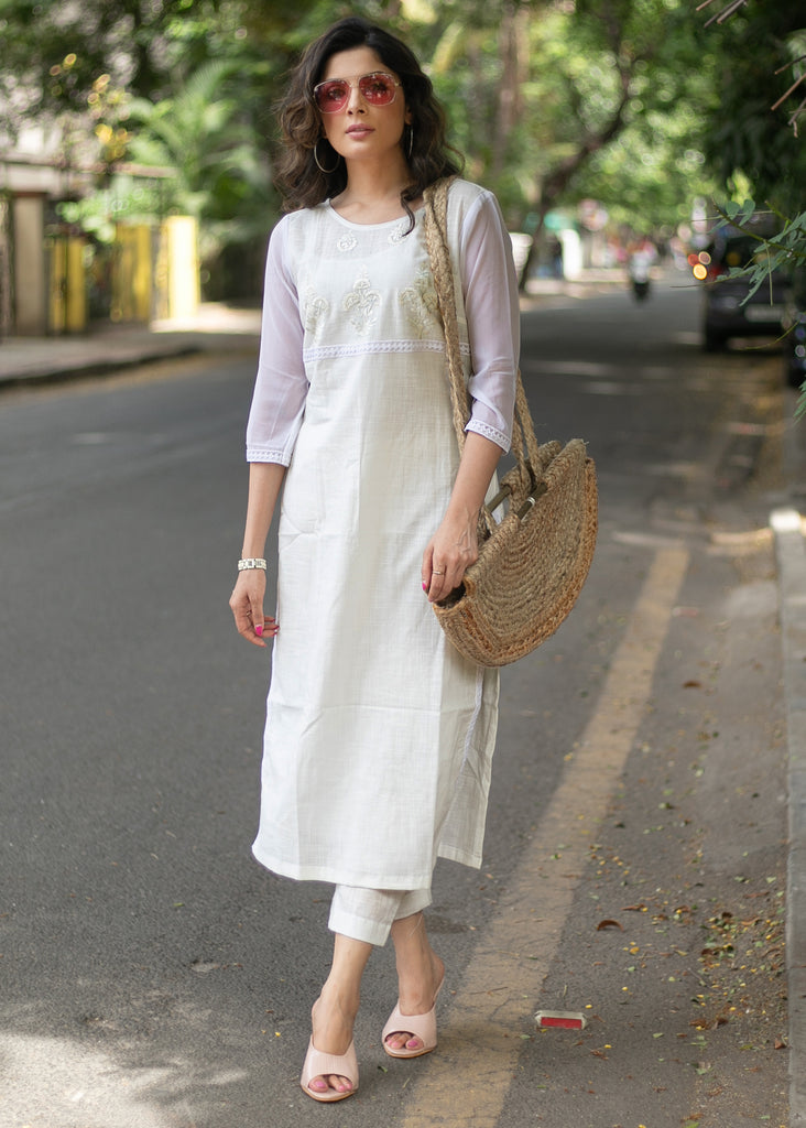 Classy White Cotton Kurta with Front Embroidery and Lace Detailing - Pant Optional