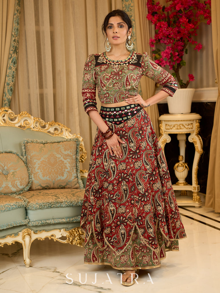 Contemporary folkloric ensemble featuring a petal cut block printed lehenga with mirror work accents  - Embroidered Dupatta Optional