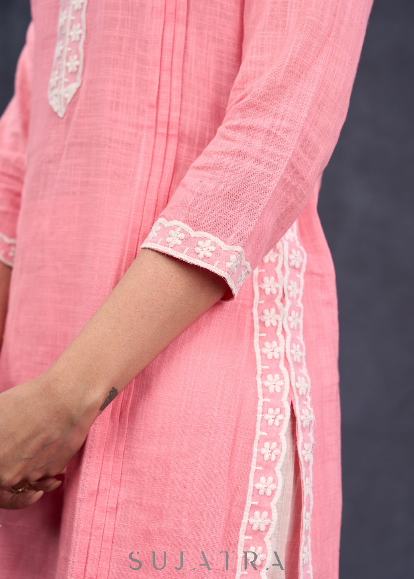 Beautiful-Blush-Pink-Straight-Cut-Kurta-Highlighted-With-Beautiful-Floral-Lace--Pant-Optional