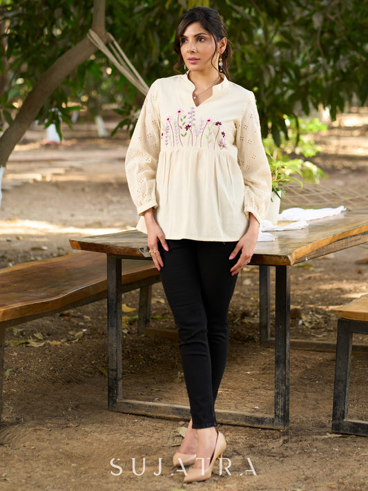 Luxe Off White Handloom Cotton Top with Graceful Hakoba Sleeves & Intricate Floral Embroidered Yoke