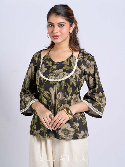 Chic Black Floral Print Cotton Bell Sleeve Top with Tie-Up Neckline & Crochet Lace Trim