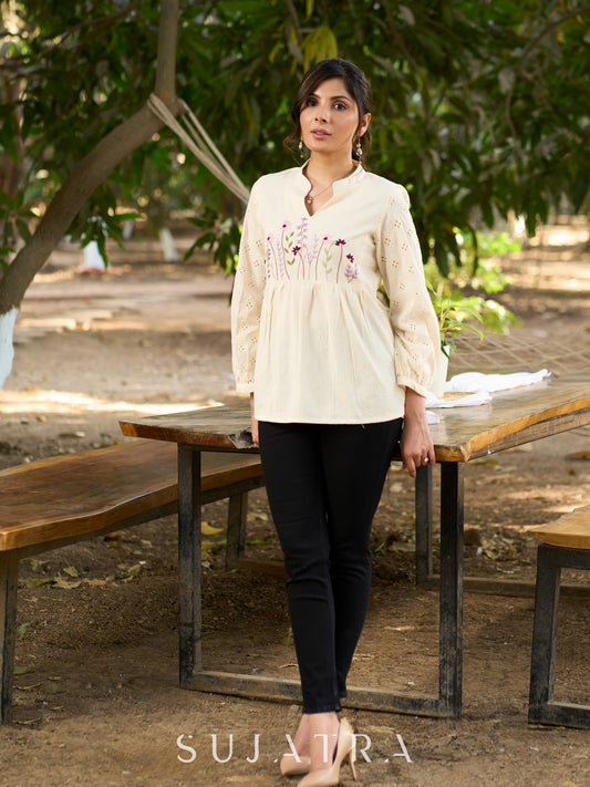 Luxe Off White Handloom Cotton Top with Graceful Hakoba Sleeves & Intricate Floral Embroidered Yoke