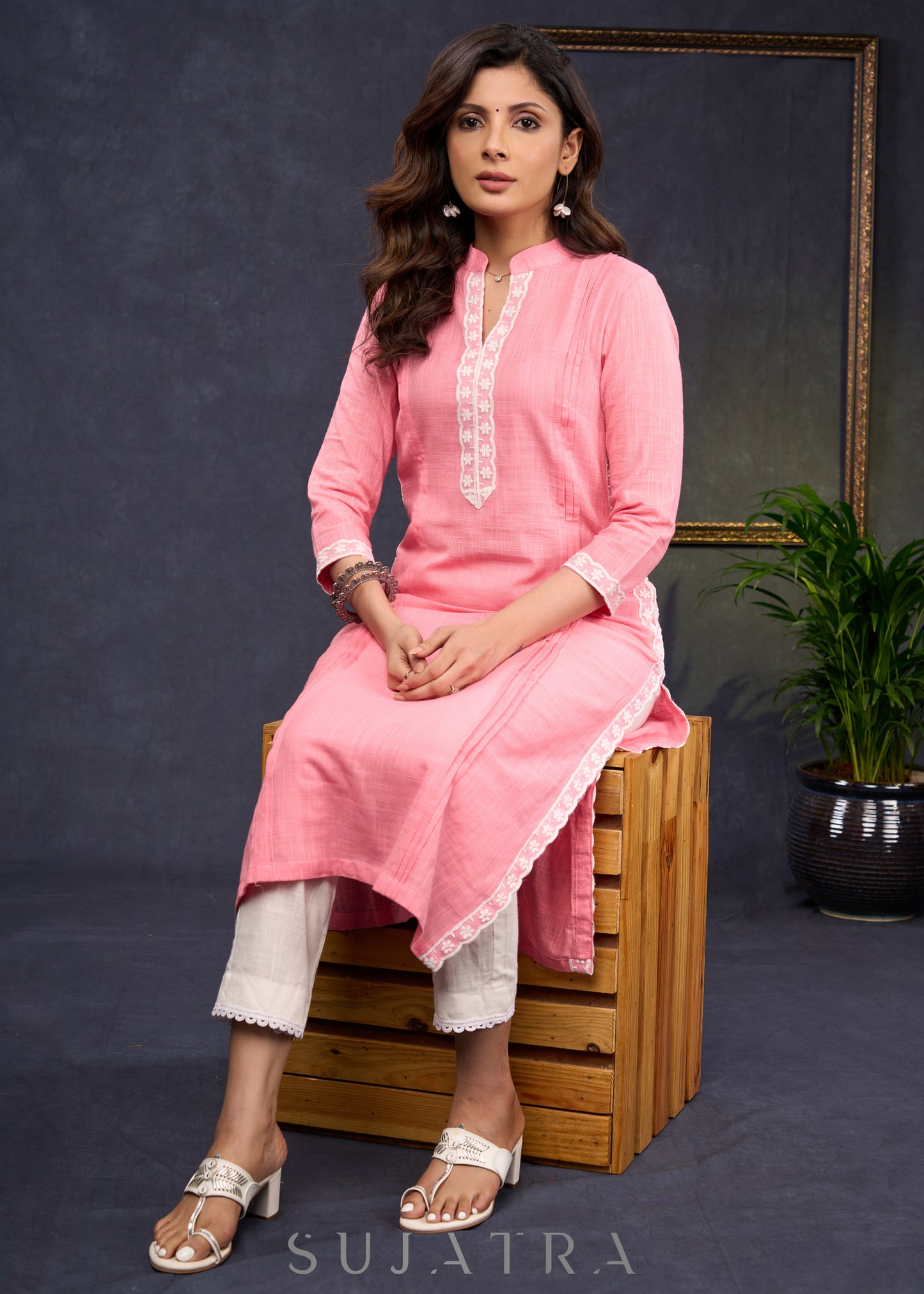 Beautiful-Blush-Pink-Straight-Cut-Kurta-Highlighted-With-Beautiful-Floral-Lace--Pant-Optional