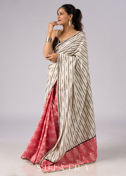 Classy white & pink Ikat combination cotton saree with zari highlights