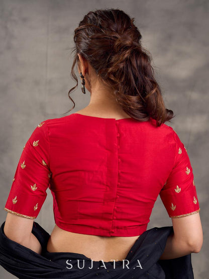 Red Cotton Silk Blouse with Gold Zari Embroidery & Deep V Neckline