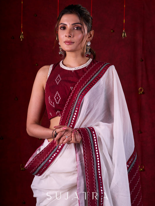 Maroon Luxe Jamdani Cotton Blouse with Halter Neck, Sleeveless Style & Mirror Lace Accents