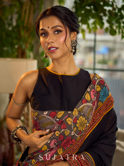 Elegant Black Cotton Saree with Ajrakh Print & Kalamkari Painted Border